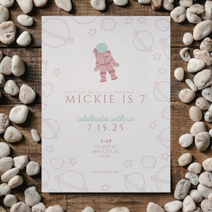Moderne roze astronaut verjaardagsuitnodiging sjabloon | Bewerkbare uitnodiging ruimtethema voor meisjes | Afdrukbare of digitale kinderkaart | Direct downloaden
