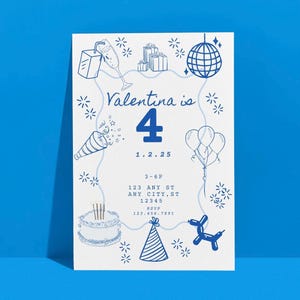 Invitación de cumpleaños con garabatos en azul y blanco / Invitación de fiesta moderna dibujada a mano / Tarjeta de cumpleaños para niñas imprimible o digital / Descarga instantánea de moda