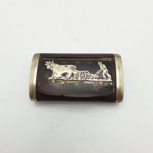 Antique Wooden Snuff Box with Ox Plough Silver Coloured Inlay – circa 1900