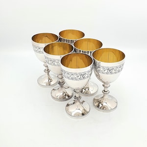 Set of 6 Silver-Plated Wine Goblets, 1930s Vintage Stemware, Antique Drinkware