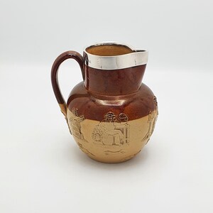 Lovely Antique Doulton Lambeth &quot;Hunting Scene&quot; Stoneware Jug with Silver Rim - 1900