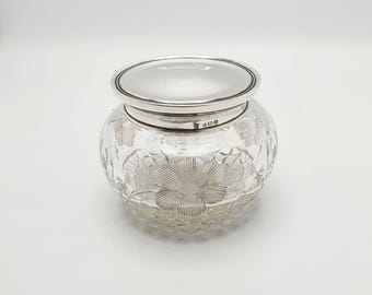 Antique Silver Lidded Cut Glass Jar: Birmingham 1919 Vintage Trinket Jar