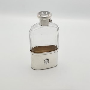Antiker silberner geschliffener Glas-Flachmann - London 1919 Punzierter Taschenkolben