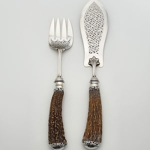 Fabulous Antique Victorian Solid Silver Fish Serving Set with Stag Antler Handles - 1887 - Ornate Dining Utensils