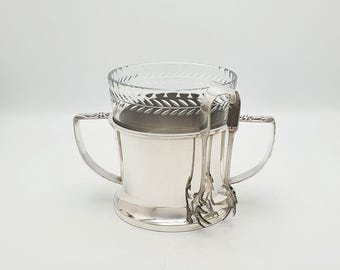 Antique Silver-Plated Ice Bucket with Cut Glass Liner & Tongs – circa 1925