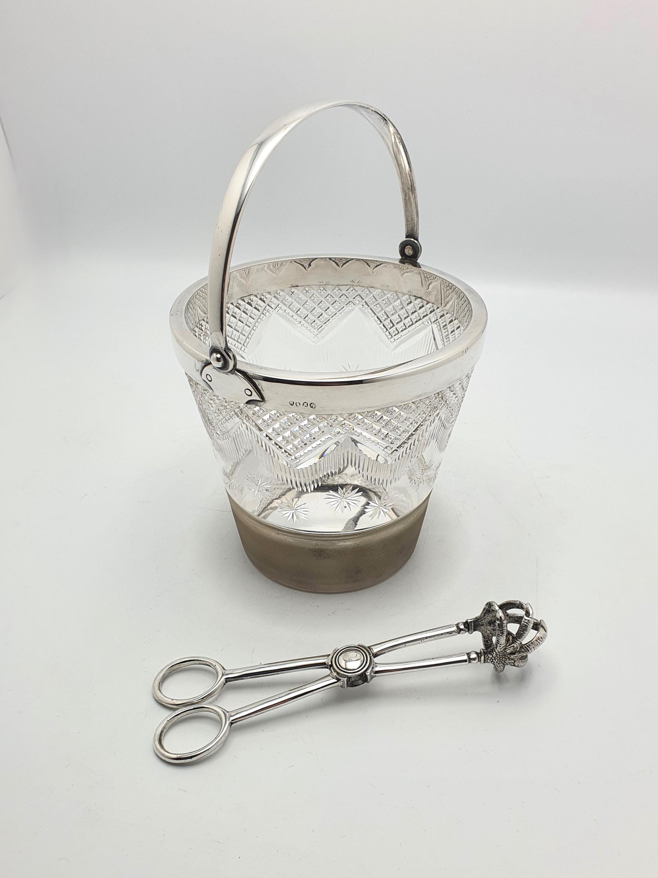 Art Deco Cut Glass Ice Bucket c1930 – Vintage Barware with Stylised Claw Tongs
