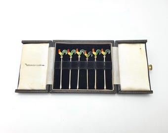 1930s Vintage Enamel and Silver Cocktail Sticks, Elegant Barware Set