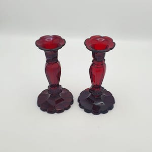Pair of Antique Continental Ruby Red Cut Glass Candlesticks – circa 1880 – Victorian Bohemian Decor