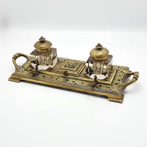 Antique English Brass Inkstand circa 1890 – Victorian Desk Accessory Vintage Inkwell Set