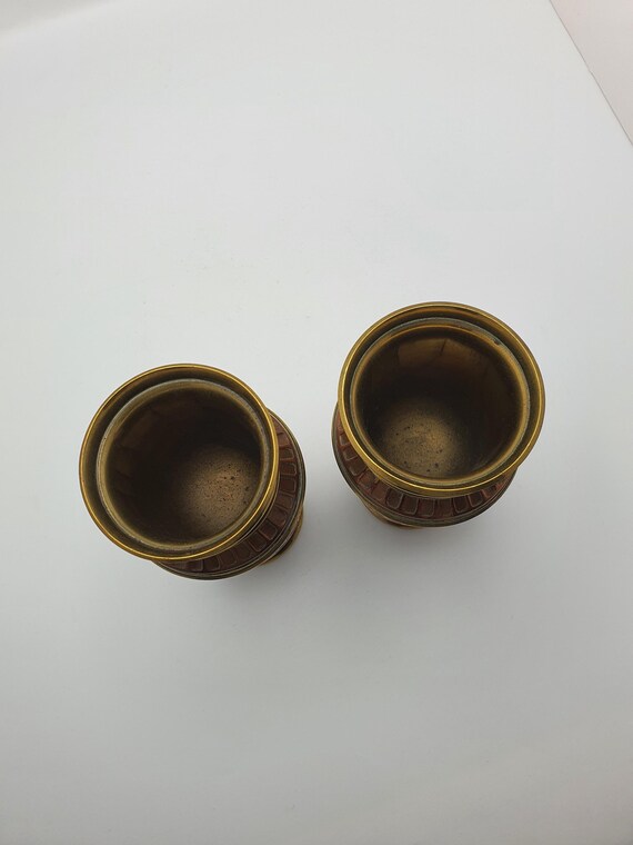 1900年頃のフランス製銅と真鍮製のアンティーク壺2個セット（彫刻 
