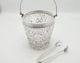 Wunderbarer geschliffener und versilberter Eiskübel mit Talon-Zange - um 1930 - Vintage Cocktail-Eishalter