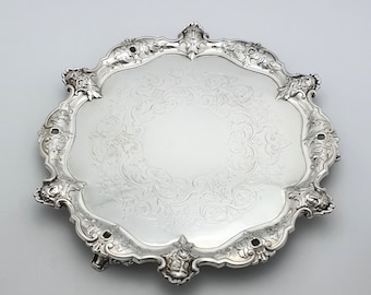 Unusual Antique Victorian Silver-Plated Salver with Figural Masks & Ornate Engraving – circa 1880