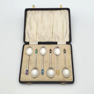 Set of 6 Art Deco Silver Enamel Teaspoons 1933 – Vintage Teaspoon Set – Hallmarked 1930s Tea Spoons – Collectible Silver Spoons