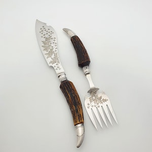 Victorian Silver-Plated Fish Server Set: Antler Handles, Engraved Blades, Circa 1890