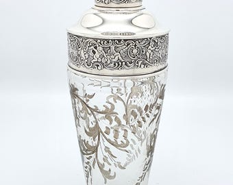 Antieke cocktailshaker van sterlingzilver en geëtst glas - Brand-Chatillon Co. - jaren 1900