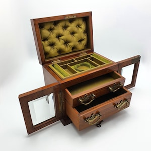 Gorgeous Victorian Walnut Jewellery Chest – Antique Wooden Jewellery Box c.1890 with Drawers and Fitted Compartment