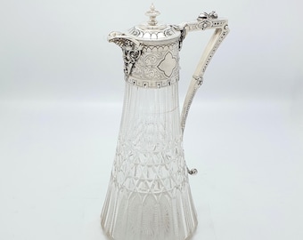 Victorian Cut Glass and Silver-Plated Claret Jug, circa 1880, Antique Wine Decanter, Elegant Tableware