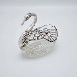 Vintage Silber & geschliffene Kristall Schwan Box - Dekorative Trinket Box, um 1960
