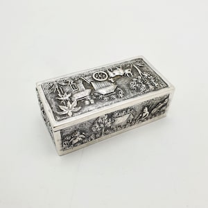 Antique Indian Silver Village Scene Repoussé Rectangular Trinket Box – circa 1900