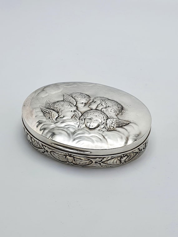 Fabulous Antique Solid Silver Oval Trinket Box wi… - image 1