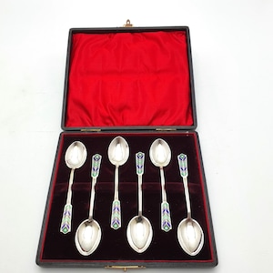 Set of 6 Art Deco Enamelled Silver Teaspoons, Hallmarked, 1941 Vintage