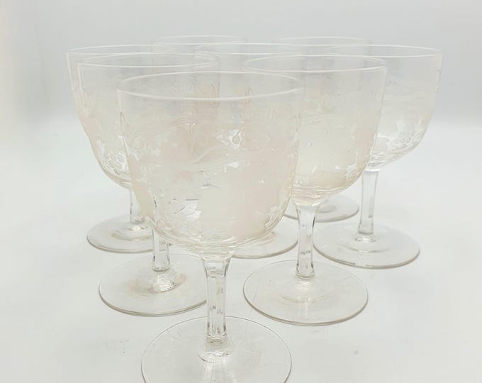 Set of Eight Antique Glass Wine Goblets with Vine and Grape Decoration – circa 1905