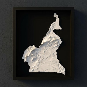 May include: A framed, three-dimensional relief map of Cameroon. The map is white and set against a black background within a black frame. The relief shows the country's topography with detailed textures.