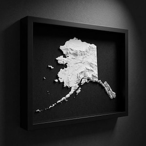 3D Alaska Map Wall Art: Topography in Black Wood Frame