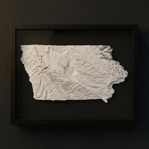 3D Iowa Map Wall Art: Topography in Black Wood Frame