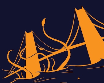 Tentacles of Terror at the Golden Gate Bridge Interactive Tee on an American Apparel Tee - original, hand printed and interactive