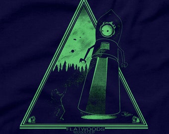 Flatwoods Monster Interactive Tee on an American Apparel Tee - original, hand printed and interactive