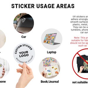May include: Diagram illustrating sticker usage areas. Examples include a car window, laptop, tumbler, phone, and book. The text indicates UV stickers are suitable for hard, smooth surfaces like glass and plastic, but not for t-shirts.