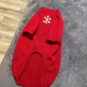 Pu&ograve; includere: Un maglione lavorato a maglia di colore rosso acceso per animali domestici, dotato di colletto a coste e un motivo a fiocco di neve bianco ricamato al centro della parte superiore della schiena. Presenta maniche corte e un orlo curvo.