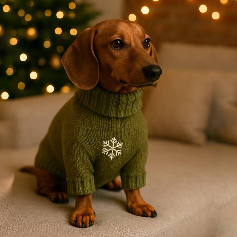 Pu&ograve; includere: Un bassotto marrone indossa un maglione a collo alto in maglia verde oliva con un disegno di fiocco di neve bianco ricamato sul petto. Il maglione presenta polsini a coste sul collo e sulle maniche per una vestibilit&agrave; aderente.