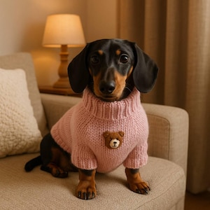 Puede incluir: Un perro salchicha negro y canela con un su&eacute;ter de punto grueso rosa claro con una peque&ntilde;a aplicaci&oacute;n de oso de peluche. El perro est&aacute; sentado en un sof&aacute; beige, con una l&aacute;mpara y una almohada en el fondo.