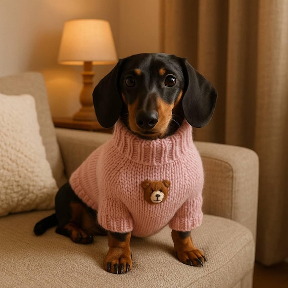Pink Knit Dachshund Clothes – Cozy Winter Pet Clothes, Crochet Dog Costume, Handmade Dog Sweater
