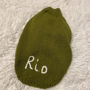 Pu&ograve; includere: Un maglione lavorato a maglia color verde oliva per animali domestici con scollo e orlo a coste. La parola Rio &egrave; ricamata in filo bianco sulla parte inferiore del capo, realizzato con un punto rasato standard su tutta la superficie.