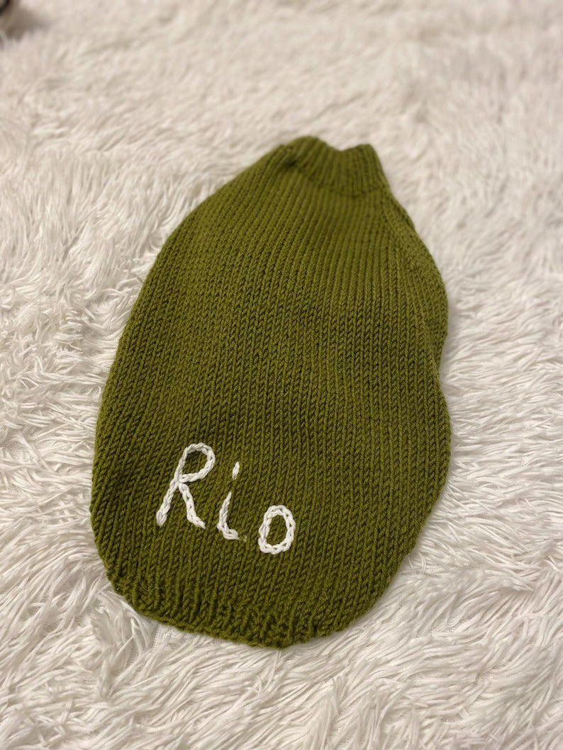 Pu&ograve; includere: Un maglione lavorato a maglia color verde oliva per animali domestici con scollo e orlo a coste. La parola Rio &egrave; ricamata in filo bianco sulla parte inferiore del capo, realizzato con un punto rasato standard su tutta la superficie.