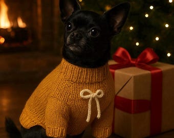 Gelber Weihnacht-Hundepullover - Handgefertigte Strick-Haustierkleidung, Weihnachtsoutfit für kleine Hunde