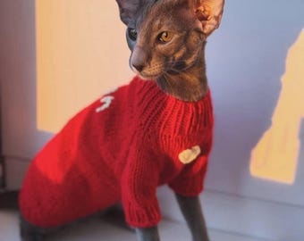 Pode incluir: Um gato cinzento usando um suéter vermelho brilhante de malha com detalhes brancos e amarelos. O gato está sentado e olhando para o lado. O suéter tem um patch em forma de coração no peito.