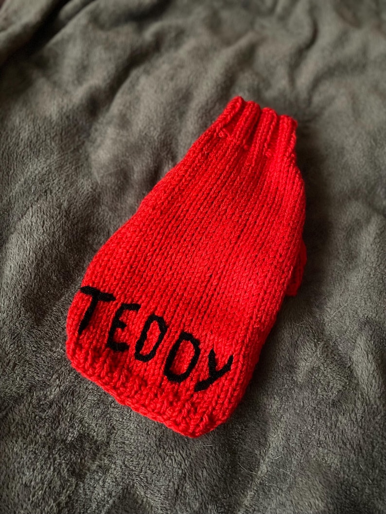 Pu&ograve; includere: Un maglione lavorato a maglia di colore rosso brillante con colletto a coste e il nome TEDDY ricamato in grassetto con lettere maiuscole nere nella parte inferiore. Il capo presenta un motivo a maglia verticale e un design senza maniche.