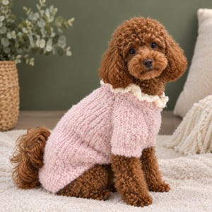 Può includere: Un cane barboncino marrone indossa un maglione lavorato a maglia rosa chiaro con un motivo a coste testurizzato e un colletto a balze color crema. Il maglione copre il busto del cane, che ha pelo marrone riccio e occhi scuri.
