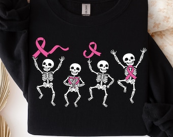Dancing Skeletons with Pink Ribbons , Breast Cancer Awareness Halloween PNG SVG
