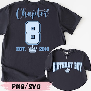 May include: Navy blue t-shirt with light blue text that reads "Chapter 8 EST. 2018" on the back. A smaller image shows a matching shirt with "BIRTHDAY BOY" in light blue. The design includes a crown graphic.