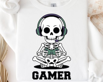 Pacchetto SVG PNG Skeleton Gamer: Clipart di gioco di Halloween (download digitale)