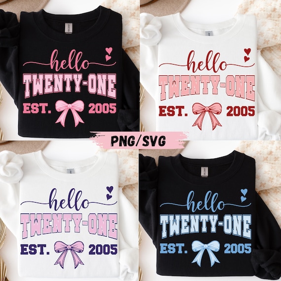 21st Birthday Girl PNG SVG Bundle: Hello Twenty One Coquette Bow Design (Digital Download)