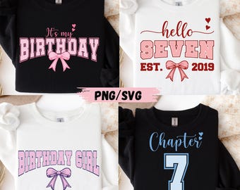 Seventh Birthday Girl Bundle: Pink Red Purple Blue Bow PNG SVG (Digital Download)