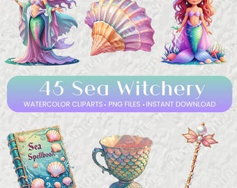 45 Pastel Sea Witch and Mermaid Watercolor Cliparts, Witchy Ocean Magic PNG, Scrapbooking Bullet Journal Stickers, Commercial Use