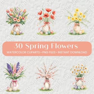 Peut inclure: Ensemble de cliparts aquarelle représentant six bouquets de fleurs de printemps dans des vases, avec des œufs de Pâques. Les bouquets comprennent des tulipes, des coquelicots, des jonquilles, des jacinthes, des fleurs de cerisier et des marguerites. Texte : "30 Spring Flowers, Watercolor Cliparts, PNG Files, Instant Download."