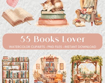 55 watercolor books lover cliparts PNG, cosy reading, autumn library, bookworm, junkjournal, stickers, instant download, commercial use